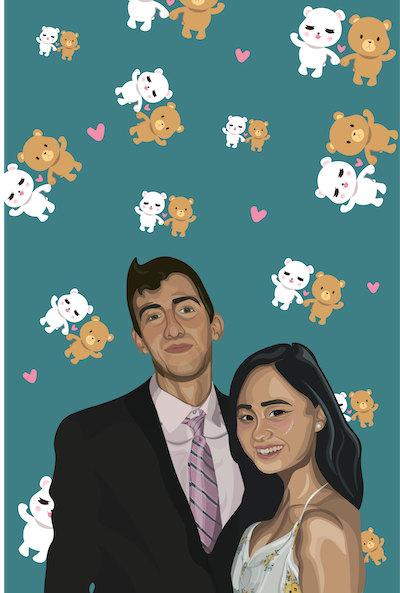 a portrait of Tori and Adrian with a 2-bears-holding-hands emoji in the background